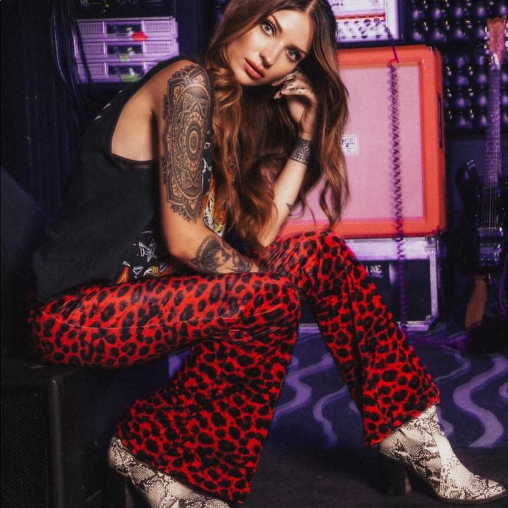 Red Leopard Velvet Flare Pants Bell Bottoms